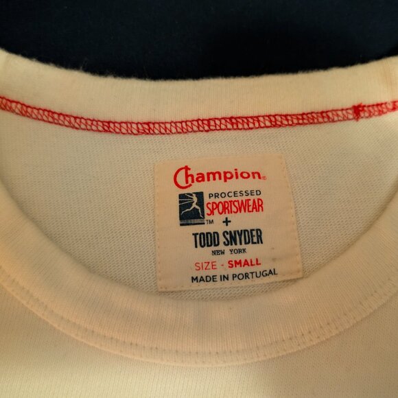 Todd Snyder X Champion -  Long Sleeve Engineered Stripe Tee in Antique White - Picture 3 of 5